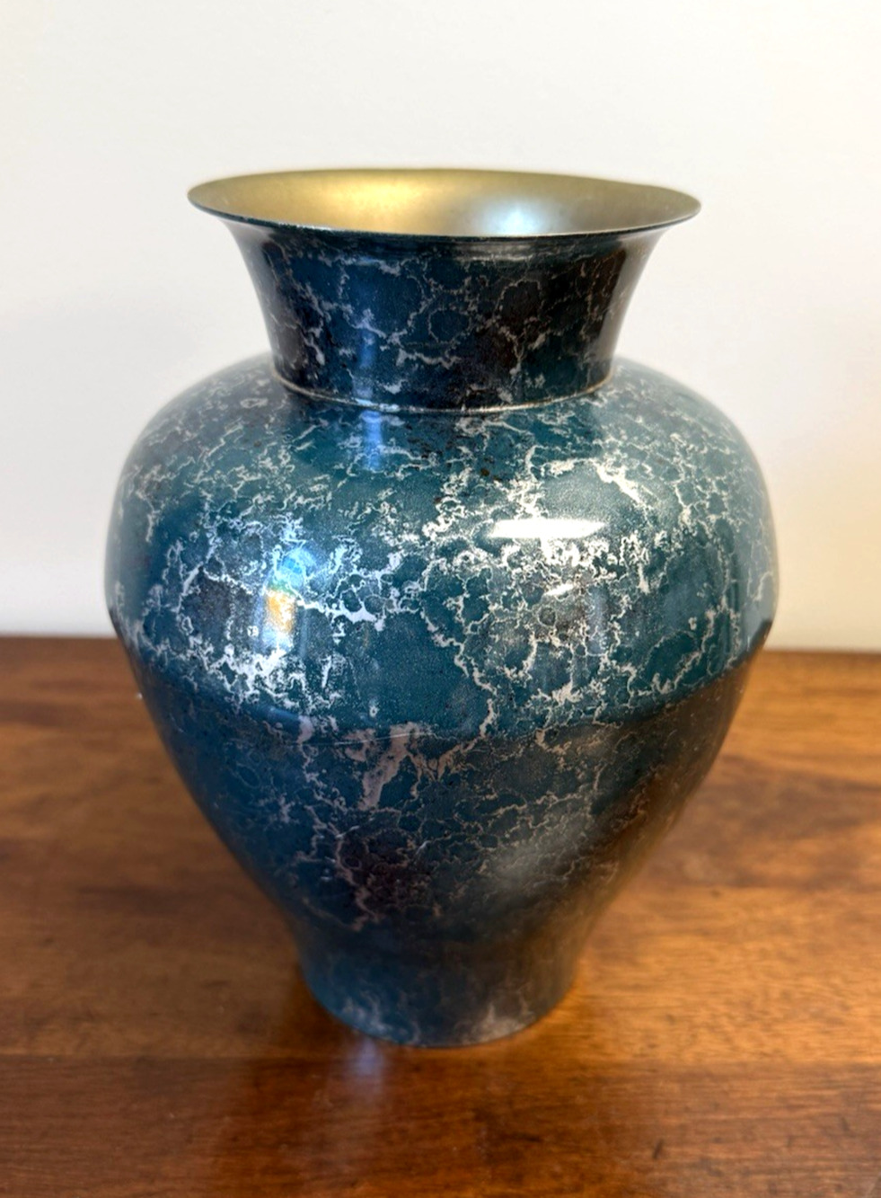 Vintage MCM Blue Green Enamel on Brass Vase Marbleized Modernist Art Metal 8"